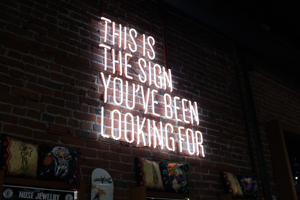 A neon sign on a dark brick wall that says: This is the sign you've been looking for.