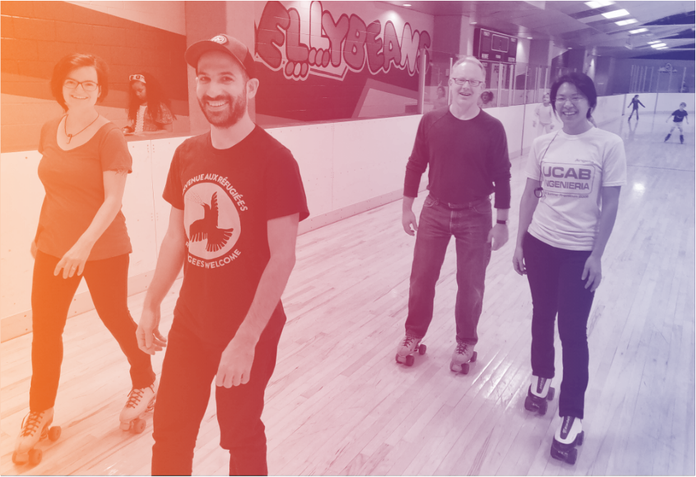 Unity team members, Alisa, Andy, Bud, and Angela rollerskating.