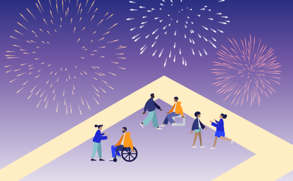 People celebrating with fireworks. Illustration.