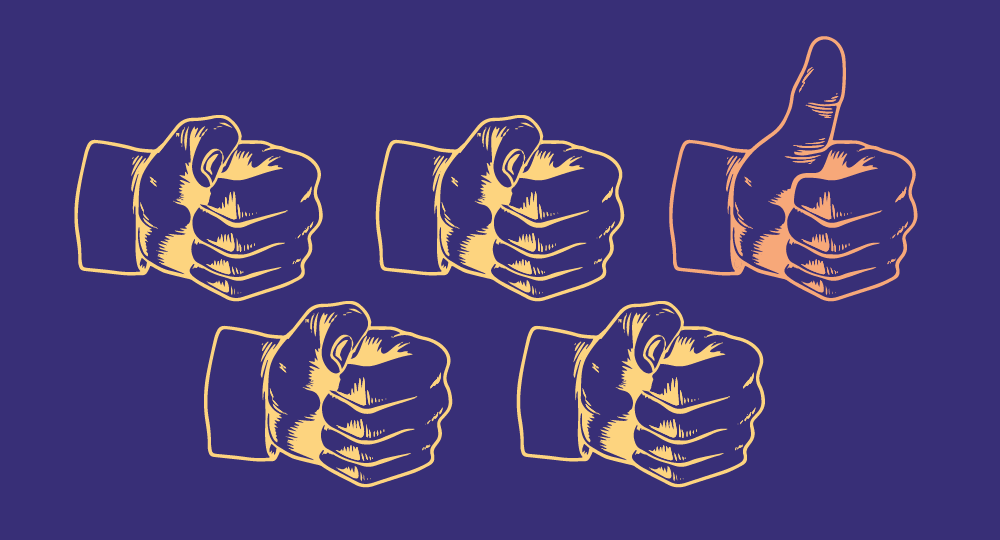 Five hands. One has its thumb up. Illustration.