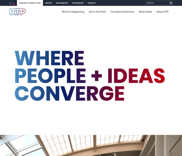A home page with a crisp white background and the words 'Where People + Ideas Converge' in colorful gradient from light blue to dark blue to red.