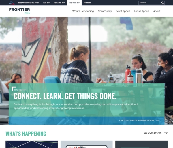 A website with a large photo of women collaborating in front of a big window. The text says 'Connect. Learn. Get Things Done.'