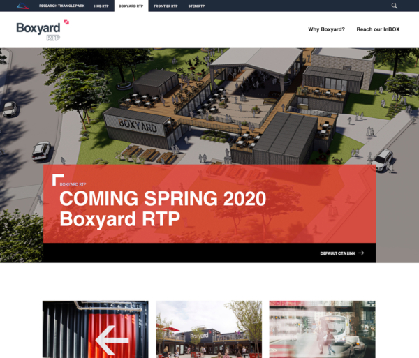 A website showing an architectural rendering with large text saying 'Coming Spring 2020: Boxyard RTP.'