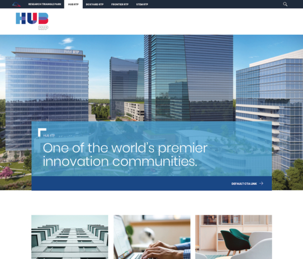 A website showing architectural rendering of large office towers with text that says 'One of the world's premier innovation communities.'