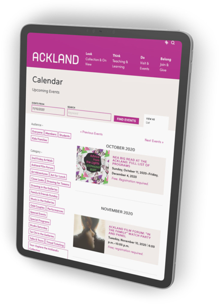 An iPad with the Ackland Art Museum events calendar displayed on the screen.