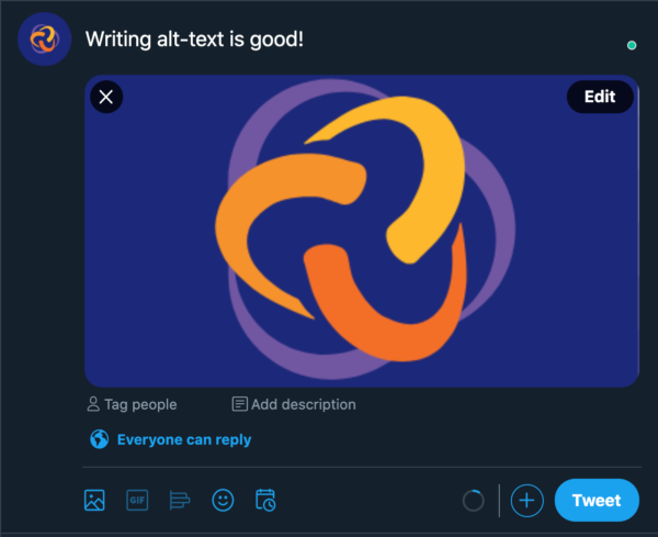 Tweet saying "Writing alt-text is good" and the Unity Web Agency logo attached