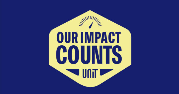 Dark purple graphic with yellow center feature the words "Our Impact Counts" next to a fuel guage icon.
