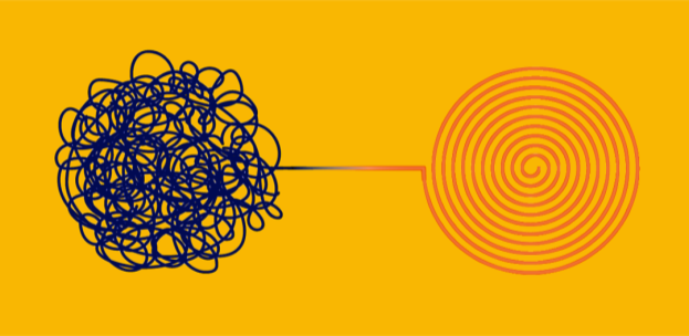 Decorative graphic with a yellow background and a ball of squiggly lines leading into a circle with perfectly clean lines.