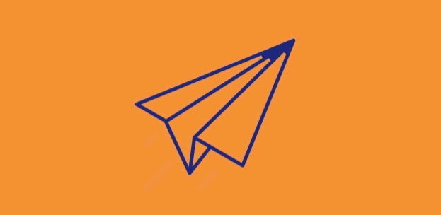Orange graphic with a purple paper airplane icon in the center
