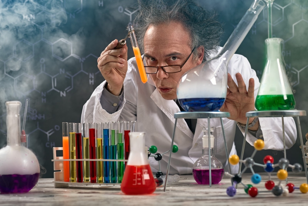 Wacky professor of chemistry experiment performed laboratory with lot of smoke