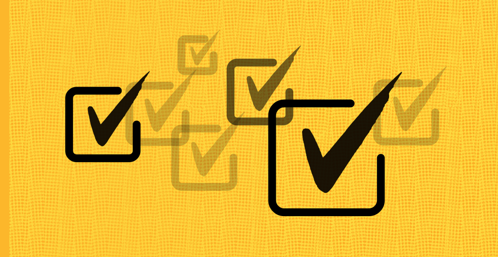 Yellow textured graphic with several black and gray check boxes and check marks.