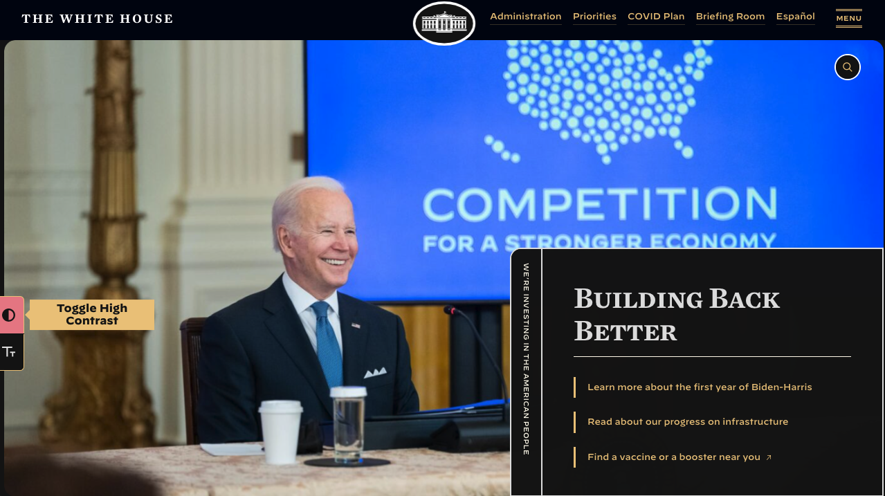 The White House website on dark mode