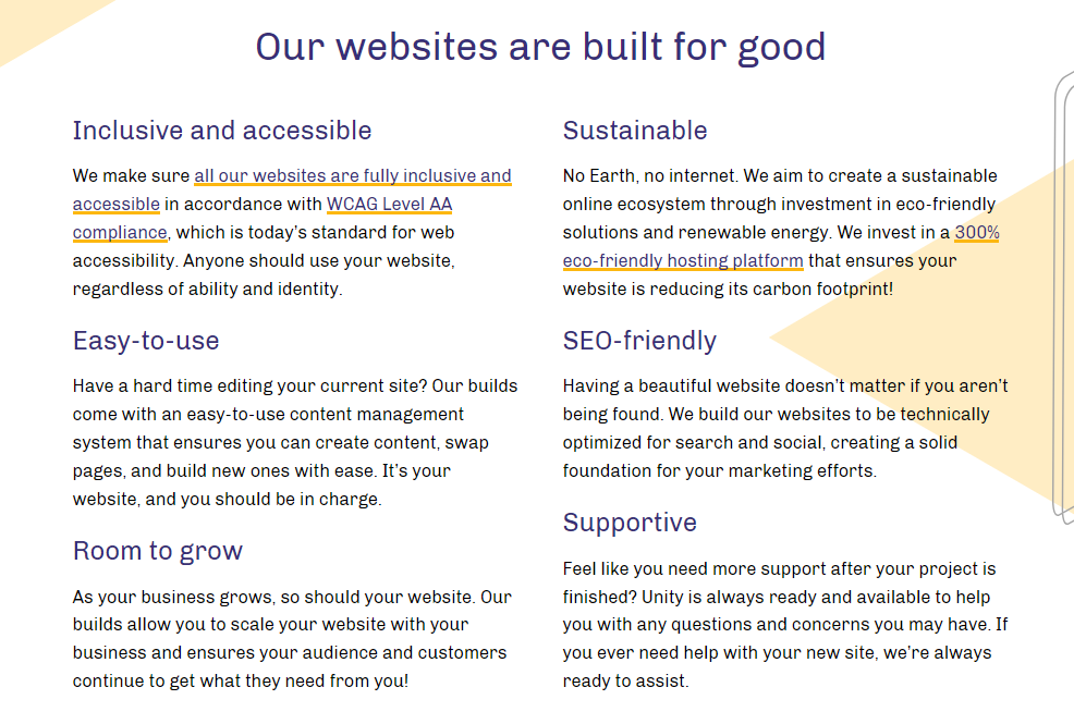 A section of the Unity Web Agency homepage