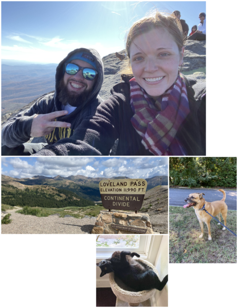 Collage of pictures, Tiffany and her fiancé, vacation photo of Loveland Pass, her dog and cat.