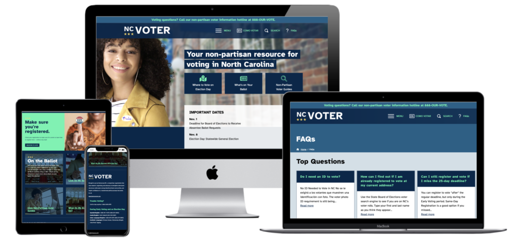 The NCVoter.org website shown on an assortment of devices - desktop, laptop, tablet, and phone.
