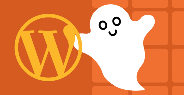 Decorative image with a smiling ghost icon beside the WordPress logo.