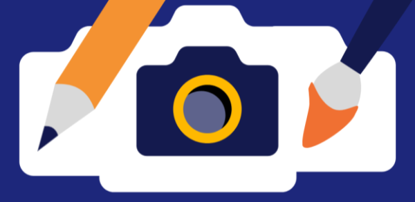 Dark purple graphic with a camera icon positioned in the center. A pencil icon extends from the top of the graphic to the left of the camera icon, and a paintbrush icon extends from the top of the graphic to the right of the camera icon.