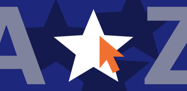 Dark purple graphic with the letter A in large gray typeface on the left side, and the letter Z in large gray typeface on the right side. A white star icon with an orange pointer icon are in the center.