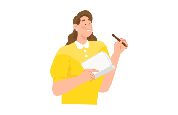 A graphic illustration of a woman with long brown hair and light skin, smiling and facing toward the left. She wears a yellow short-sleeved top with a white collar and holds a pen in her left hand and a notebook in her right hand.